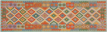 Flat Weave Kilim, Antique, Navaho, Vintage, Handmade, Geometric Kilim Beige Blue Hand-Woven Runner 100% Wool Area Rug 3 x 10